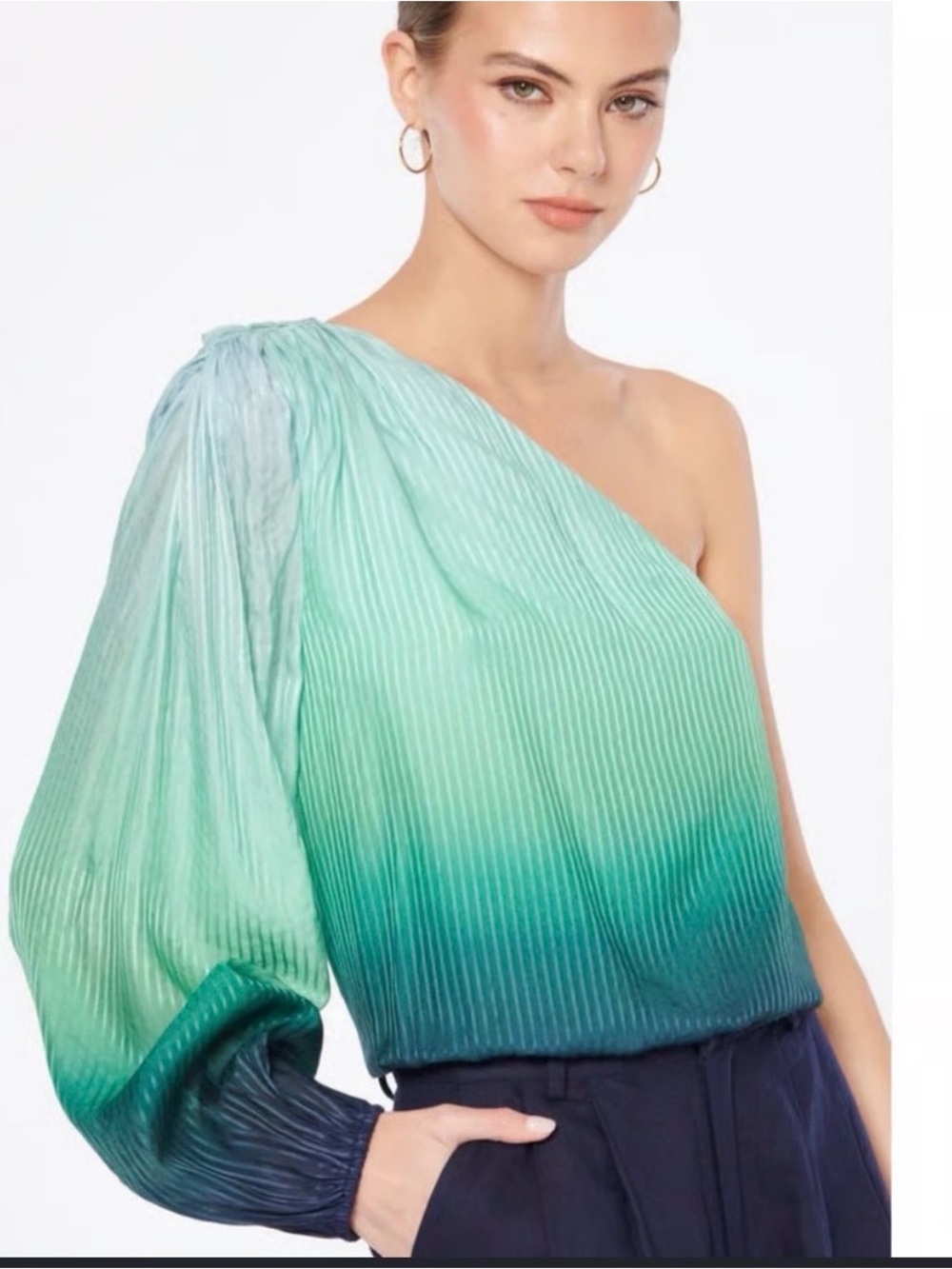 CAMI NYC Lenore One-Shoulder Ombre Green Pleated Blouse